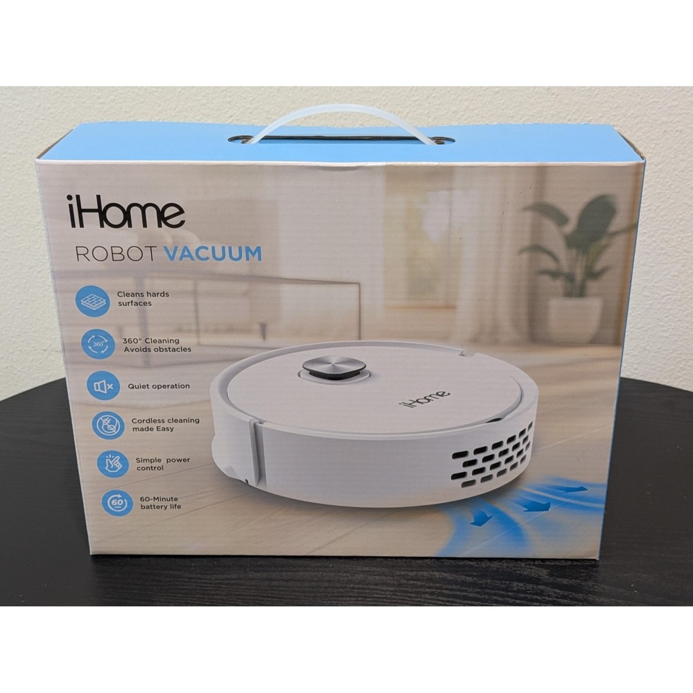 IHome Robot Vacuum White Cordless 60 Min Battery Quiet Compact IHRV50-WHT New